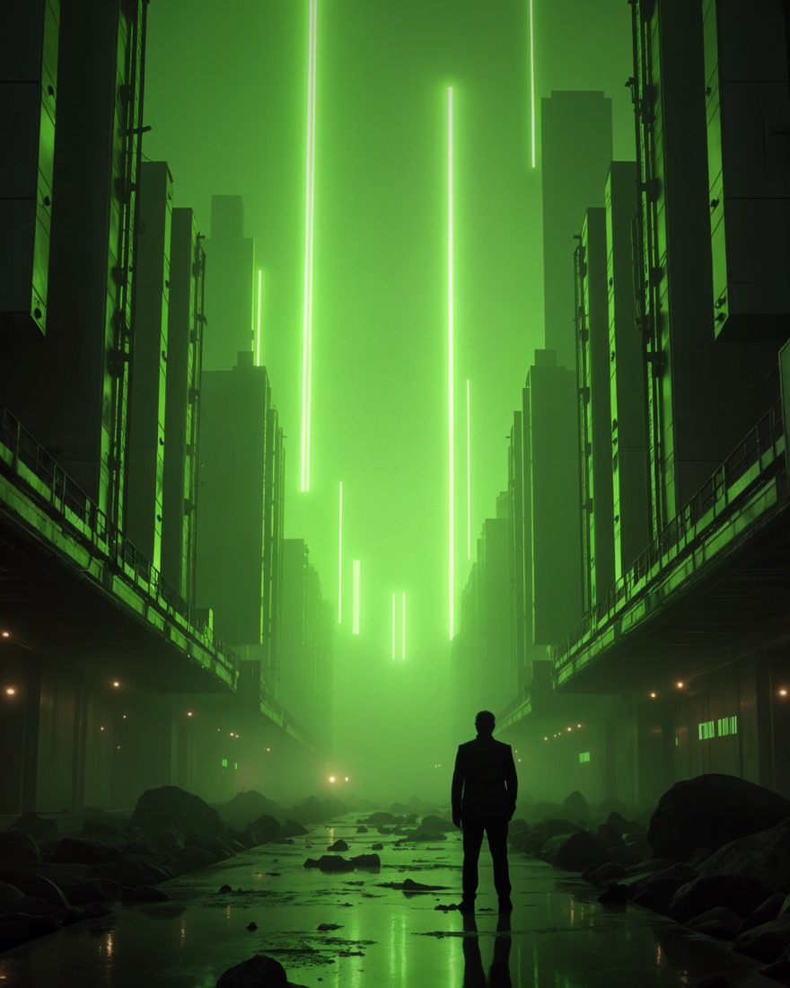 A lone figure standing in a green neon city