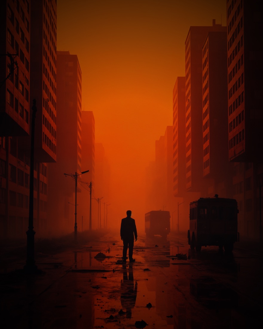 A lone figure on a hazy orange street